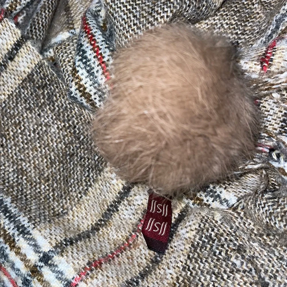 Cashmere Scarf  Fur Pom Poms Brown Plaid Women's - S Brand